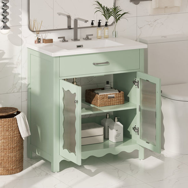 English Elm Christopher Knight Home® - 30 Inch Bathroom Vanity With Tempered Glass Doors, Soft-Close, Modern Green Cabinet & Ceramic Sink N817P299499G