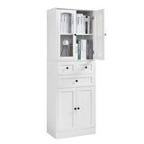 English Elm Tall Bathroom Storage Cabinet, Cabinet With Four Doors and Drawers, Adjustable Shelf, Mdf Board, White