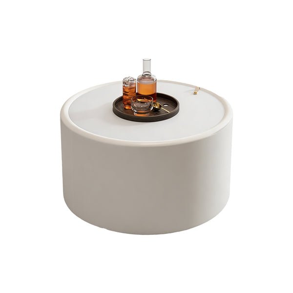 English Elm Black Round Coffee Table Pu Leather Cylindrical Base Tempered Glass Top Hidden Storage Cream White W3081P442381
