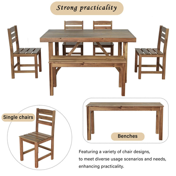 English Elm U_style Solid Acacia Six Piece Outdoor Dining Set for Patio Backyard Entertaining Natural Wood WY000472AAA