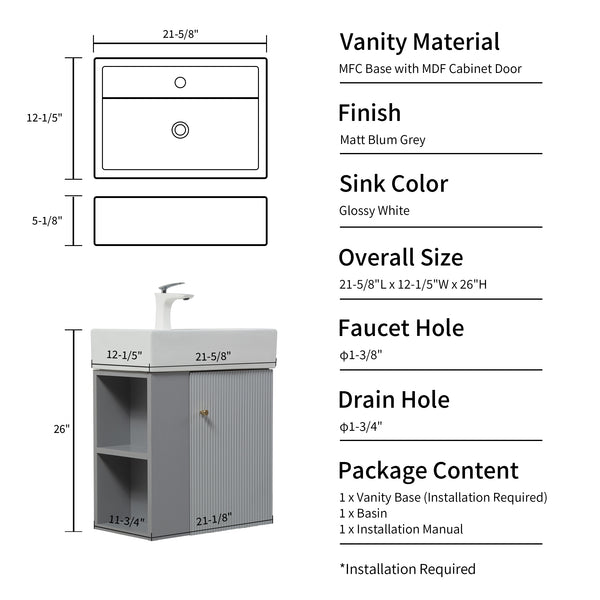 English Elm 21.6" Floating Bathroom Vanity with Ceramic Sink Soft-close Cabinet and Open Wood Shelf W1920S00197
