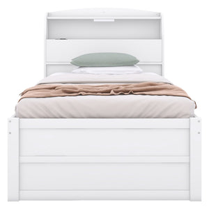 English Elm Twin Size Wooden Platform Bed With Trundle, Usb Ports, Led Light, Storage Headboard & Drawers N820S00008K-GIGA