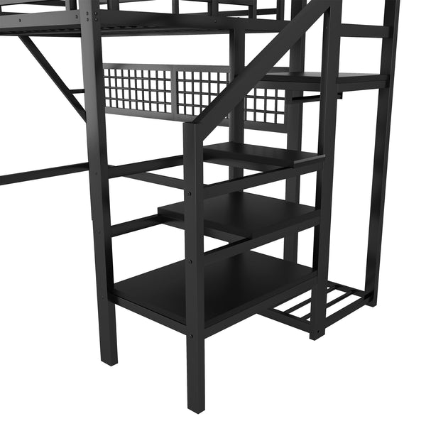 English Elm Full Metal Loft Bed with Stairs Wardrobe Rgb Lighting and Storage for Teens W2580S00066