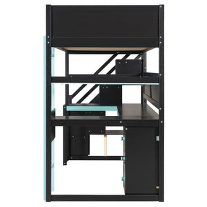 English Elm Full Size Gaming Loft Bed with Led Lighting Desk Shelves and Usb Charging Ports N820S00070C