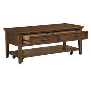 English Elm 1pc Walnut Birch Veneer Cocktail Table with Drawers Shelf Casters Living Room B011P459335
