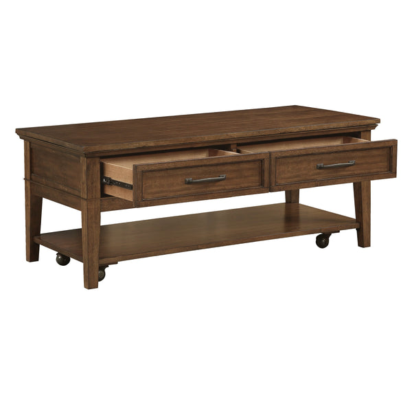 English Elm 1pc Walnut Birch Veneer Cocktail Table with Drawers Shelf Casters Living Room B011P459335