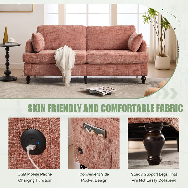 English Elm Modern chenille 2-seater sofa with LED lighting, USB charging, storage pocket, sturdy wood legs Pink W395P318541