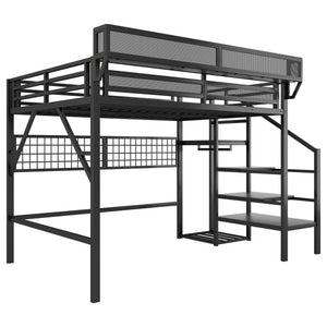 English Elm Queen Metal Loft Bed with Stair Storage Wardrobe Rgb Lighting for Teens Adults W2580S00052
