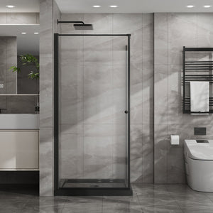 English Elm Goodyo Frameless Corner Shower Stall Tempered Glass Pivot Door with Matte Black Hardware W1223S00039