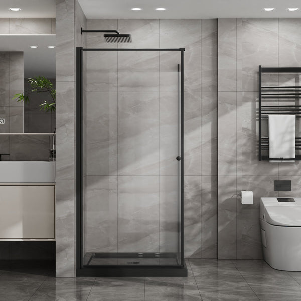 English Elm Goodyo Frameless Corner Shower Stall Tempered Glass Pivot Door with Matte Black Hardware W1223S00039