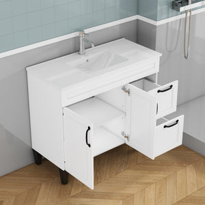 English Elm 39.4-inch White Bathroom Vanity with Sink Soft Close Doors Deep Drawers Black Hardware W3151S00076