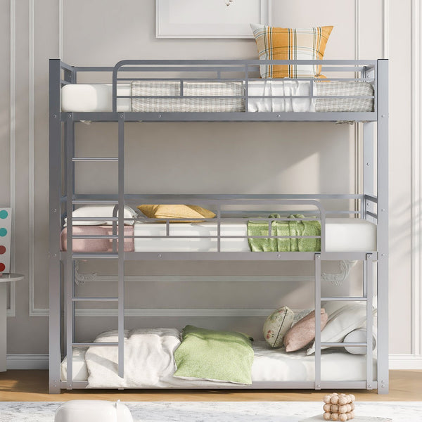 English Elm Metal Triple Bunk Bed Steel Frame Twin Three Tier Guardrails for Shared Rooms Silver GX000230AAN