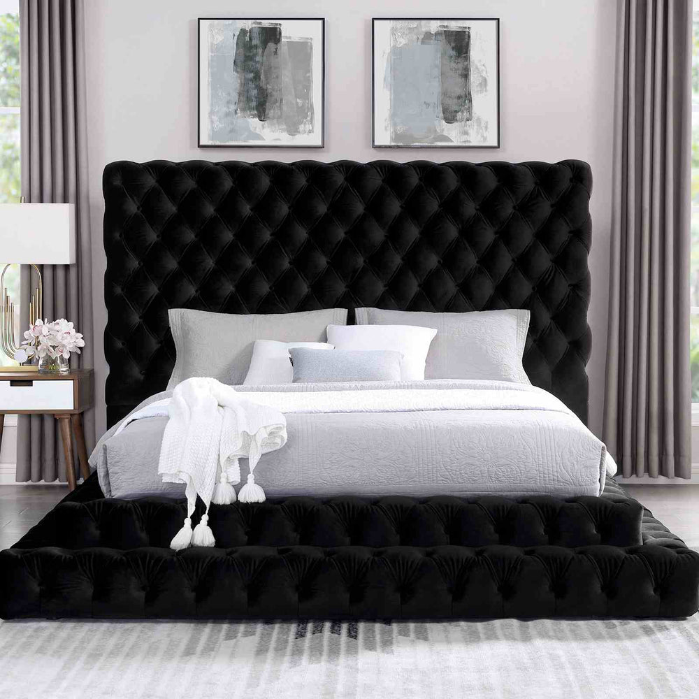 English Elm Contemporary Gray Flannelette King Bed Tufted Tall Headboard Glam Platform Frame Black B2741S00814