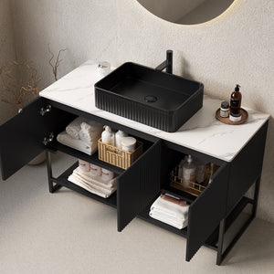 English Elm 48" Freestanding Bathroom Vanity Cabinet Sintered Stone Top Woodgrain Finish Open Shelf W2615S00216