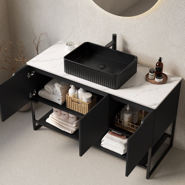 English Elm 48" Freestanding Bathroom Vanity Cabinet Sintered Stone Top Woodgrain Finish Open Shelf W2615S00216