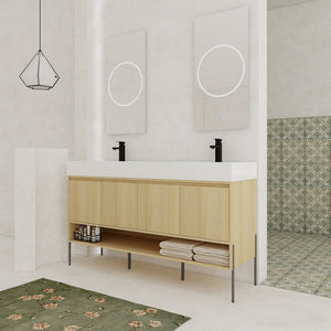English Elm 60" Oak Bathroom Vanity Combo with Resin Basin, 4-Door Storage, Multi-Layer Wood Frame, Modern Elegance W1972S00011