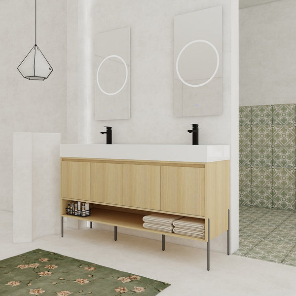 English Elm 60" Oak Bathroom Vanity Combo with Resin Basin, 4-Door Storage, Multi-Layer Wood Frame, Modern Elegance W1972S00011