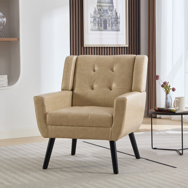 English Elm Modern Pu Leather Ergonomic Accent Chair with Padded Arms and Matte Black Legs Khaki W676P172470