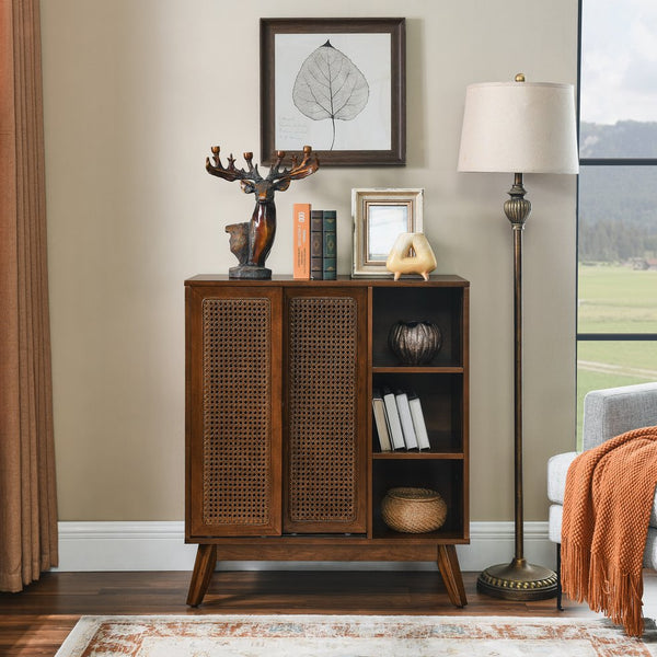 English Elm Mid Century Modern Rattan Sideboard Cabinet - Stylish Buffet For Entryway, Living Room & Kitchen Storage W1801P195630