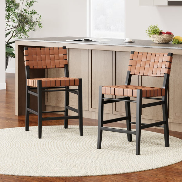 English Elm Christopher Knight Home® - 24.25'' 24.25" Classic Counter Stools Set of 2 Brown PU with Braided Leather Back & Rubberwood Legs, 24.25" 74690.00BRN