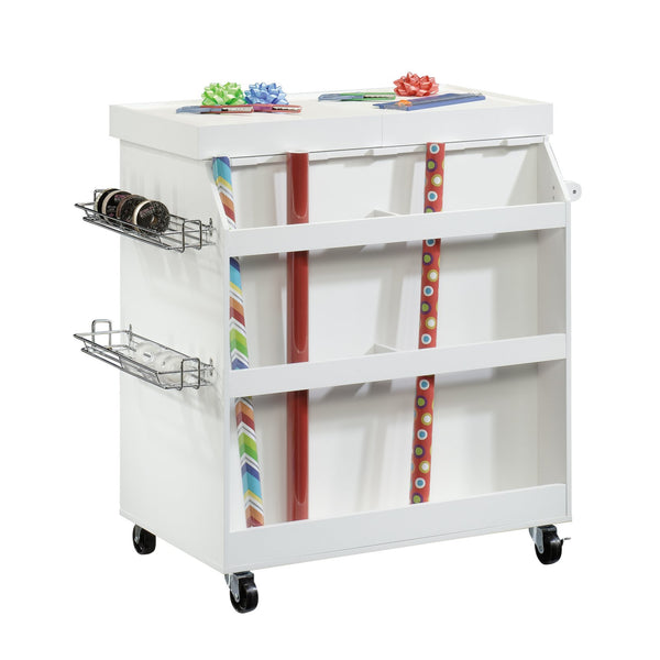 English Elm Traditional White Craft Cart with Slide Out Worktop Drawers and Rolling Storage B356P402721