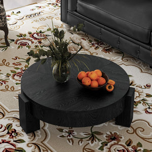 English Elm 33'' Round Coffee Table Parquet Veneer Flip Top Hidden Storage Wabi-sabi Living Room Black W1435P419322