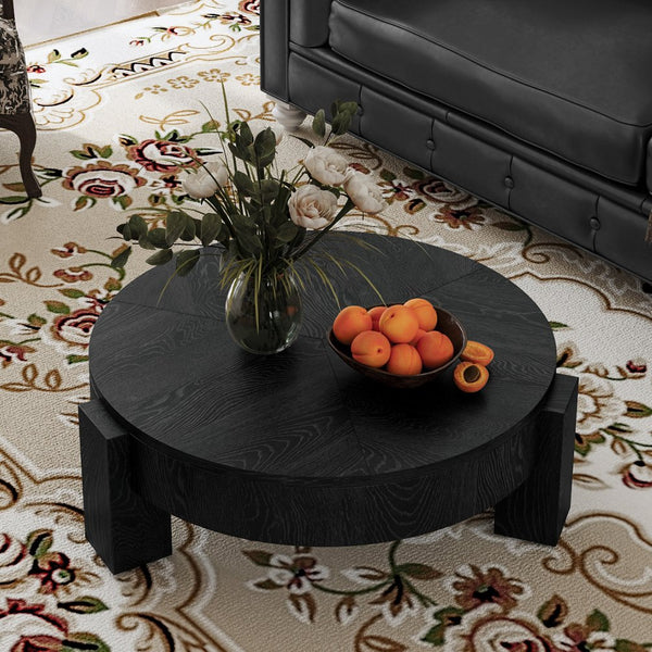 English Elm 33'' Round Coffee Table Parquet Veneer Flip Top Hidden Storage Wabi-sabi Living Room Black W1435P419322