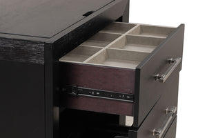 English Elm Bedside Vanity Set with LED Mirror, Jewelry Storage, Charging Ports, Felt Lined Tray, Stool Storage Black 34 L x 22 W x 39 H B2741P380815