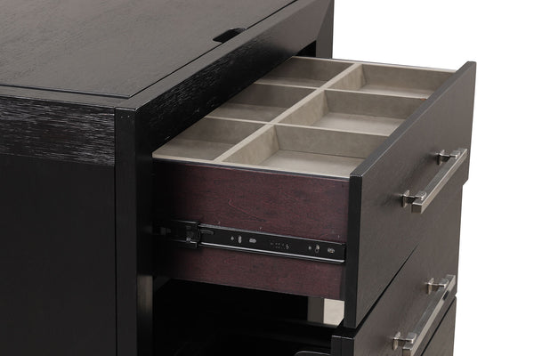 English Elm Bedside Vanity Set with LED Mirror, Jewelry Storage, Charging Ports, Felt Lined Tray, Stool Storage Black 34 L x 22 W x 39 H B2741P380815