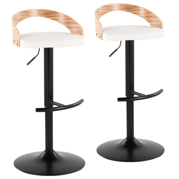 English Elm Grotto Contemporary Adjustable Barstools Set Of 2 - Swivel, Zebra Wood, Black Metal & White Faux Leather B202S00912