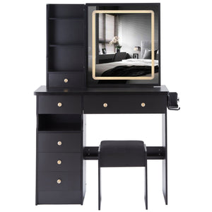 English Elm 37" Vanity Table Set with Led Mirror Stool Built-in Outlets and Hair Dryer Storage Black W3258P448840