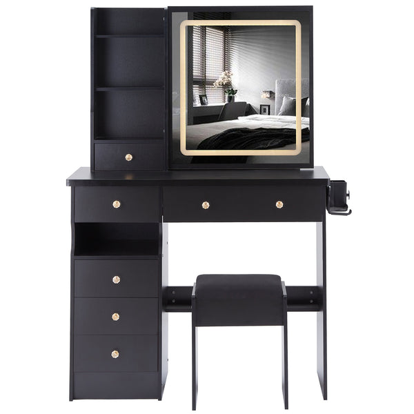 English Elm 37" Vanity Table Set with Led Mirror Stool Built-in Outlets and Hair Dryer Storage Black W3258P448840