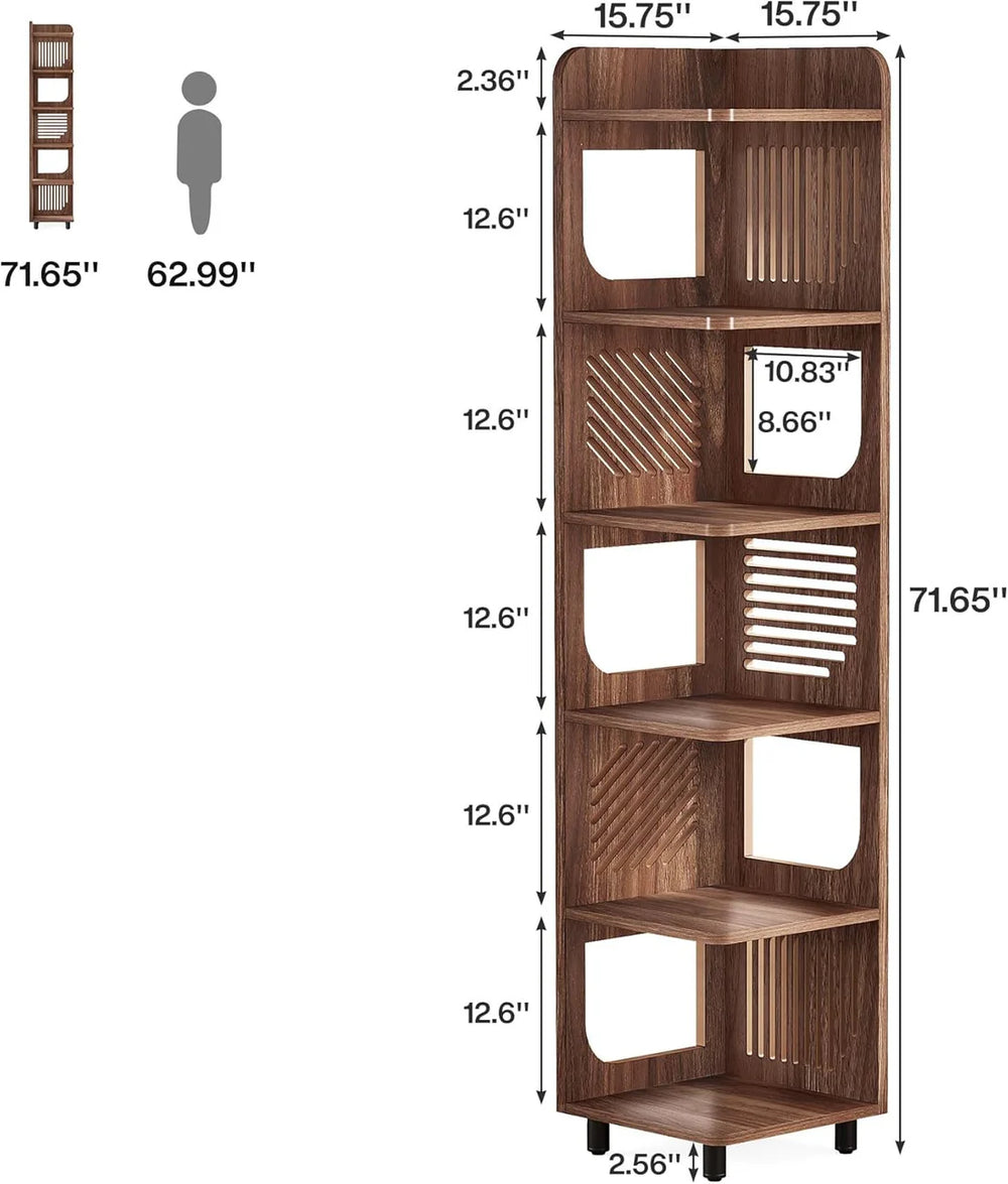 English Elm Stylish Five Tier Corner Bookshelf Vintage Wood Grain Mdf Display Unit for Living Room T3971P457891