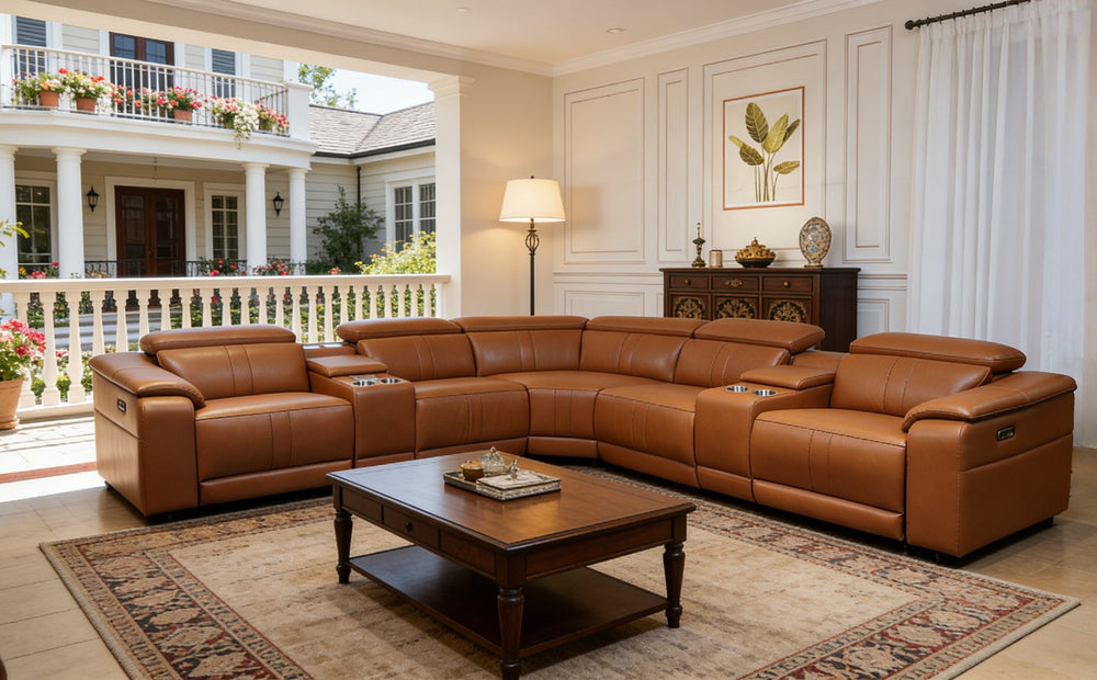 English Elm Power Reclining Sectional with Bluetooth Audio Led Lighting and Wireless Charging Tech Leather Brown W3795S00019