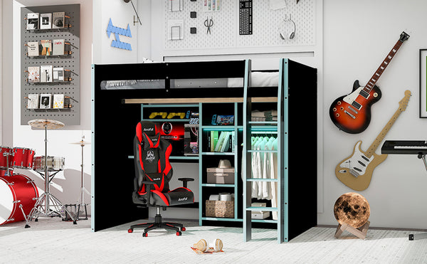 English Elm Full Size Loft Bed with Rgb Lighting Desk Open Wardrobe and Storage for Gaming Rooms Blue LT000277AAC