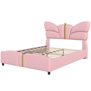 English Elm Christopher Knight Home® - Full Upholstered PU Leather Bed Frame with Butterfly Headboard, Gold Accents, Solid Wood Platform Light Pink 78.25 L x 10 W x 3.25 H N761S0000018H