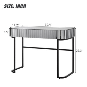 English Elm 39" Mirrored Vanity Table with Stainless Steel Base, 2 Drawers, Tempered Glass Top, 250lb Capacity, Gray Glam Desk N704P171796B