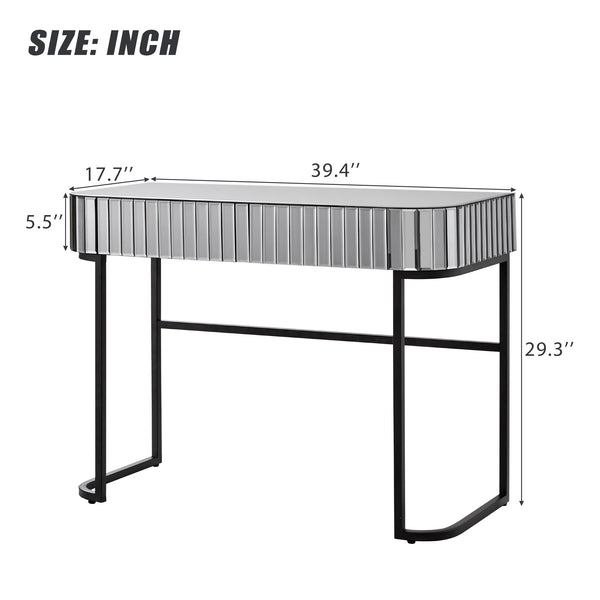 English Elm 39" Mirrored Vanity Table with Stainless Steel Base, 2 Drawers, Tempered Glass Top, 250lb Capacity, Gray Glam Desk N704P171796B