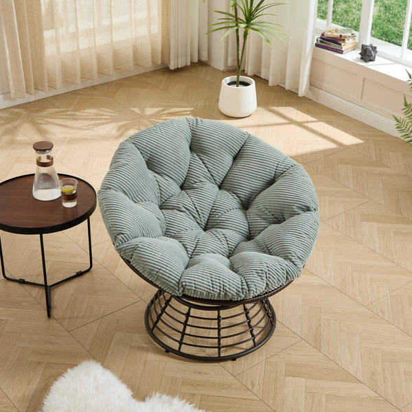 English Elm Comfortable Rattan Papasan Swivel Chair Overstuffed Corduroy Cushion Indoor Outdoor Lounge W640P443557
