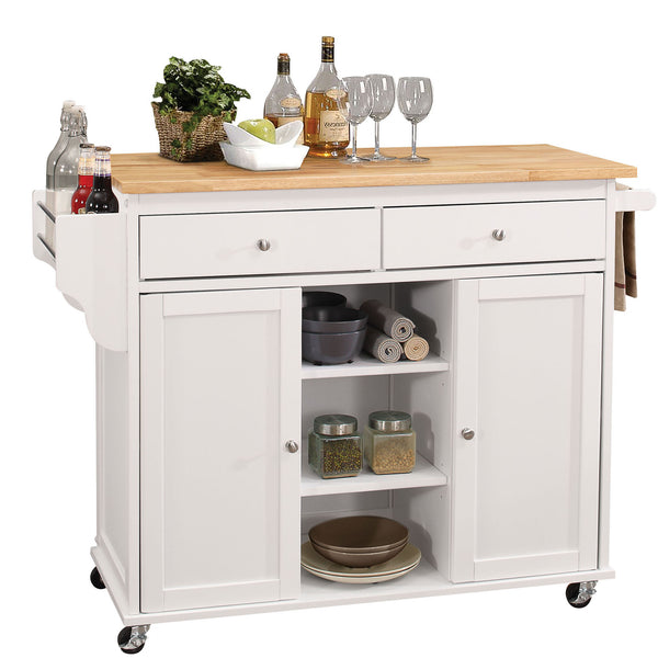 English Elm Natural 2-Door Kitchen Cart with Drawers, Casters & Open Shelves — Rustic White Top Storage Organizer, Versatile Utility for Utensils, Linens & Appliances (47" W x 34" H) B062P209305