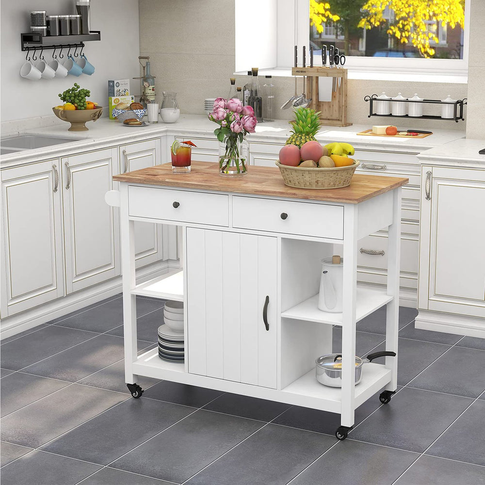 English Elm 40" Kitchen Island Cart with Solid Rubber Wood Top, Locking Casters, Drawers & Towel Rack White T3771P372502