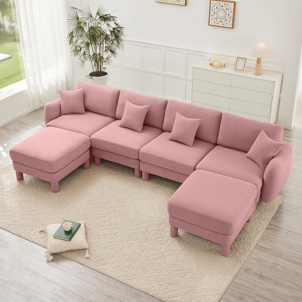 English Elm Boucle Chic U-Shape Sectional Sofa For 4 With Shell Armrests & Movable Ottomans In Stylish Pink W3041S00297