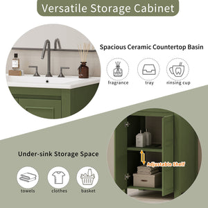 English Elm 24" Vintage Style Small Bathroom Vanity Olive Green with Ceramic Sink, Soft-Close Doors, Shelf (95) N729P292015F