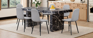 English Elm Table and Chair Set 7 Piece Marble Pattern Mdf Top with Linen Dining Seats Black,Light Gray W1151S03920