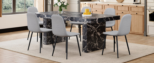 English Elm Table and Chair Set 7 Piece Marble Pattern Mdf Top with Linen Dining Seats Black,Light Gray W1151S03920