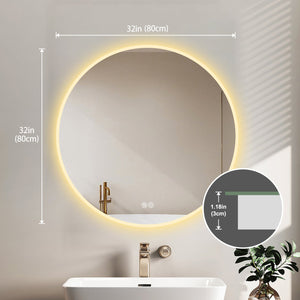 English Elm 32'' LED Round Mirror with Lights, Anti-Fog Touch Vanity, 3-Color Dimmable, Explosion-Proof Edge W2709P242511