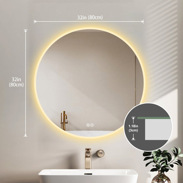 English Elm 32'' LED Round Mirror with Lights, Anti-Fog Touch Vanity, 3-Color Dimmable, Explosion-Proof Edge W2709P242511