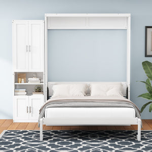 English Elm Full Murphy Bed with Side Cabinet, Desk Combo, USB Charging, Adjustable Shelves, 600lb Capacity, White BS7012008109C