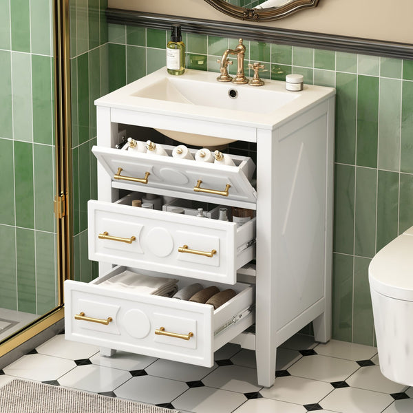 English Elm 24'' Bathroom Vanity with Ceramic Sink and 3 Drawers Retro Solid Wood Frame Freestanding Storage White N710P371184K