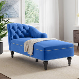 English Elm 58'' Velvet Chaise Lounge Tufted Right Arm Sleeper with Nailhead Trim Turned Wood Legs N723P431292C
